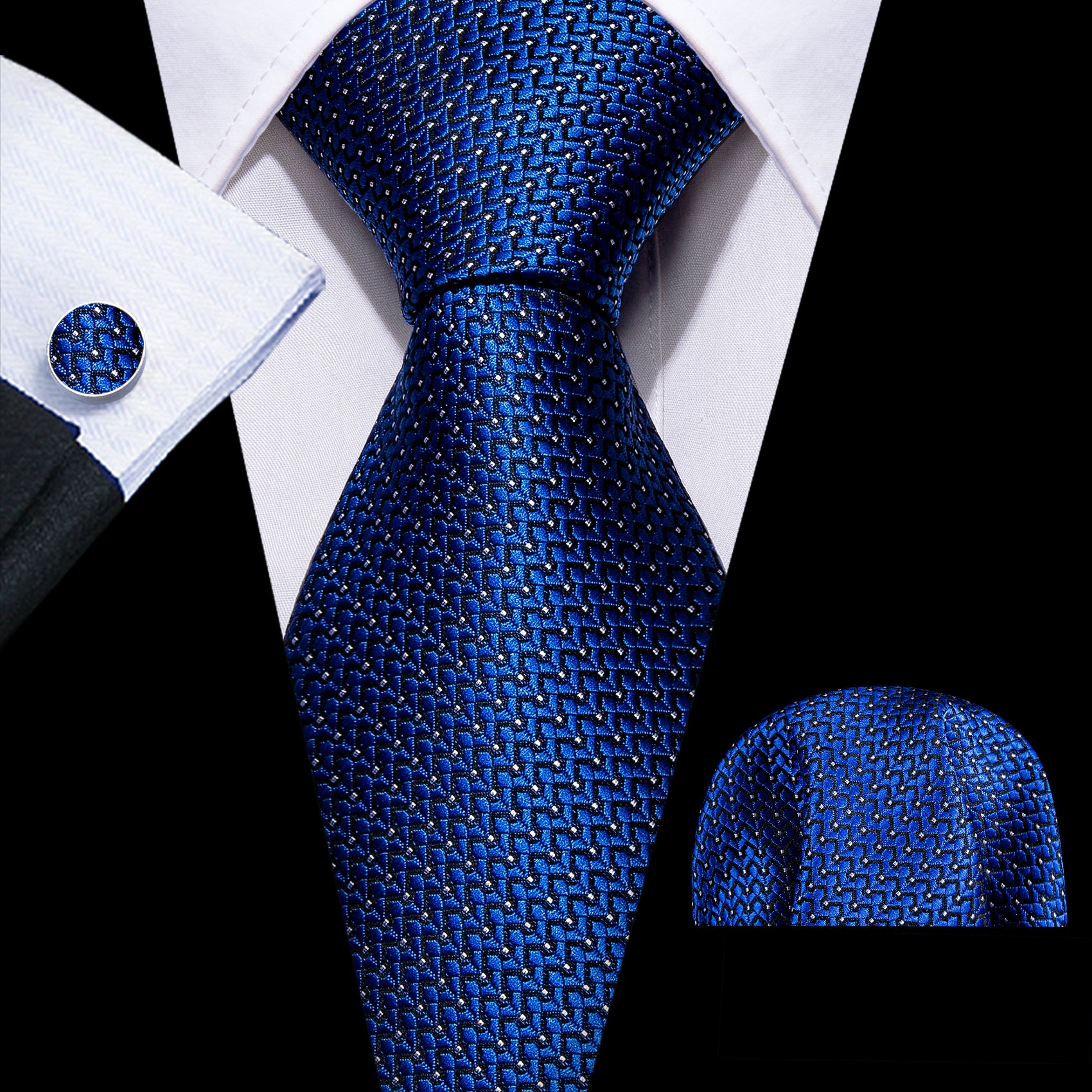 Barry. Wang Blue Solid Silk Necktie Hanky Cufflinks Set