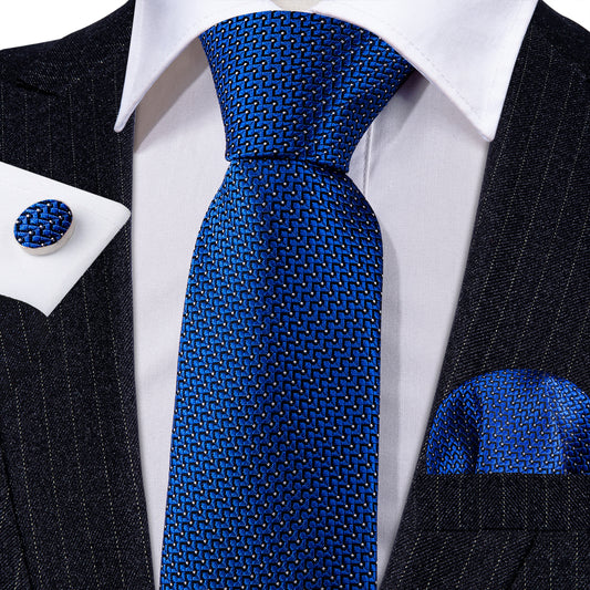 Barry. Wang Blue Solid Silk Necktie Hanky Cufflinks Set