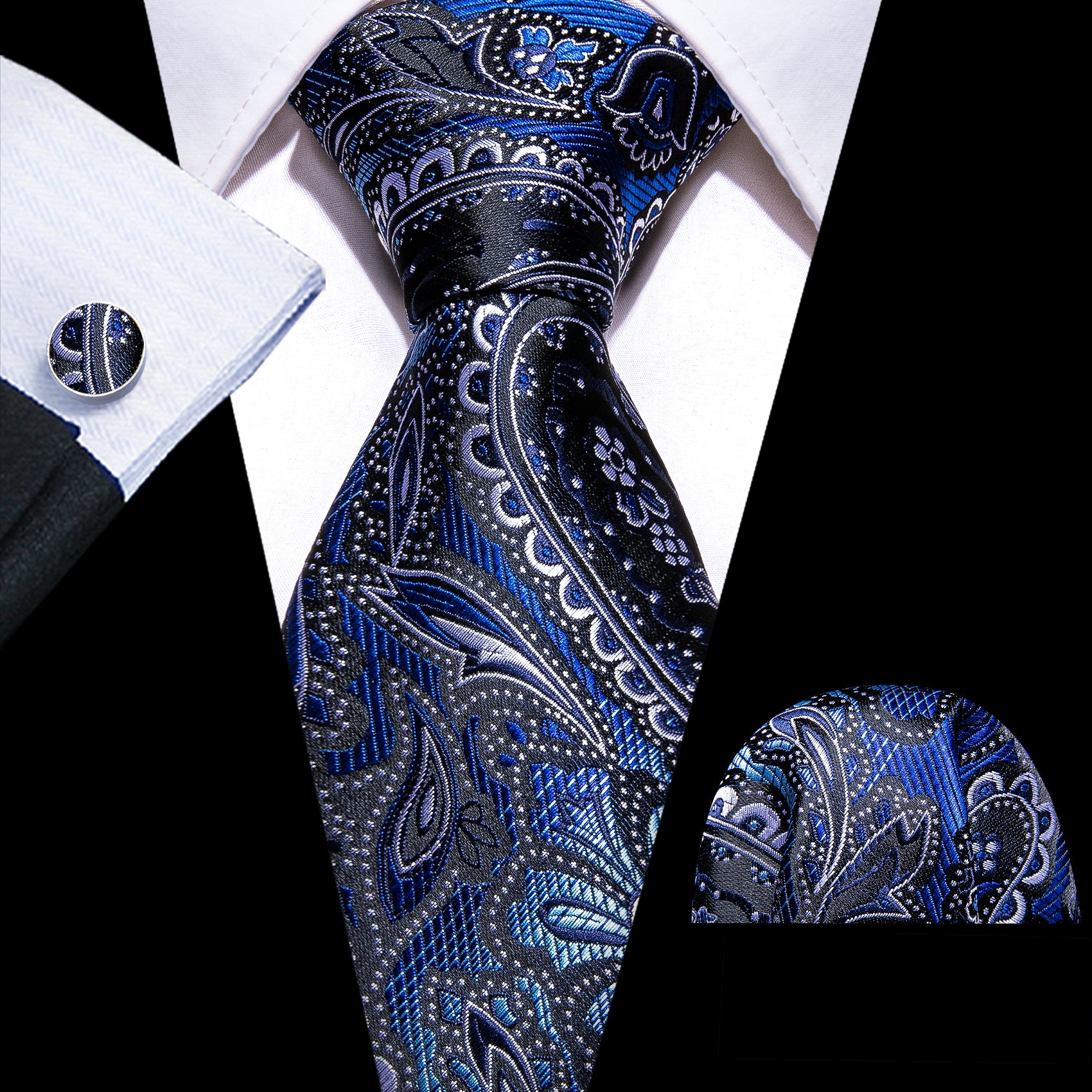 Formal Blue Black Paisley Silk Tie Handkerchief Cufflinks Set