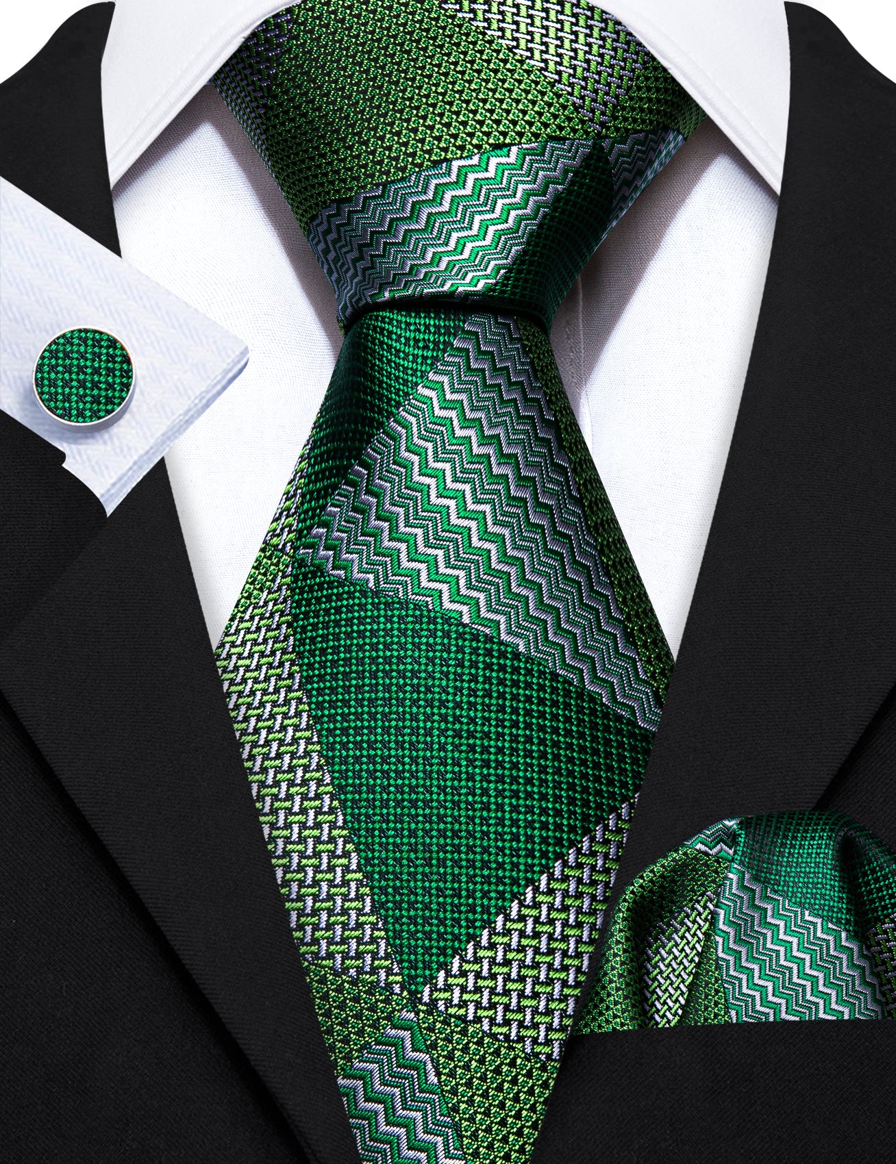 Mens Green Triangle Solid Silk Tie Handkerchief Cufflinks Set