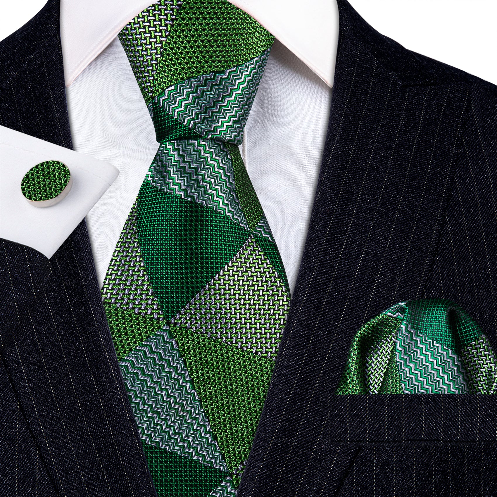 Mens Green Triangle Solid Silk Tie Handkerchief Cufflinks Set