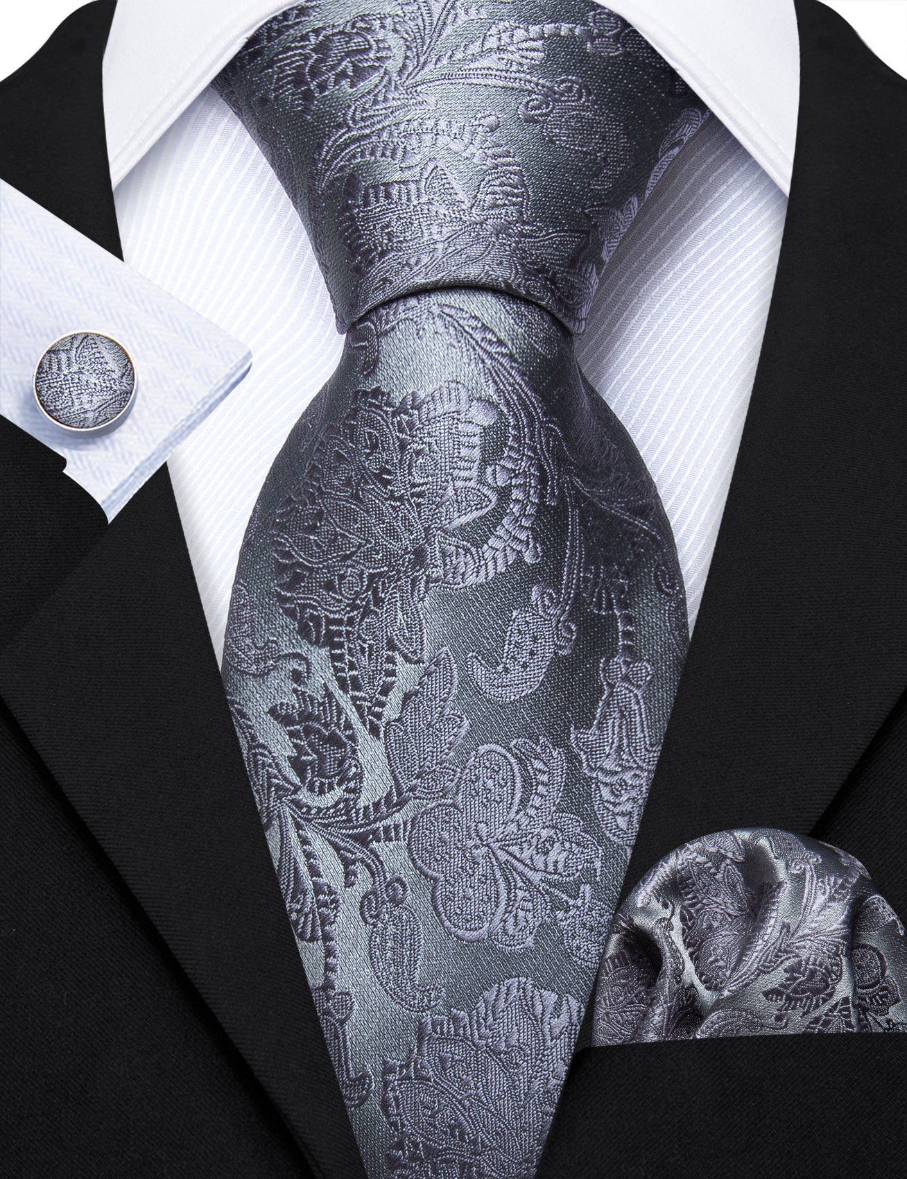 Grey Floral Silk 63 Inches Tie Hanky Cufflinks Set