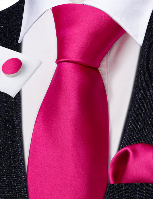 Barry. Wang Barbie Pink Solid Silk Tie Handkerchief Cufflinks Set For Men