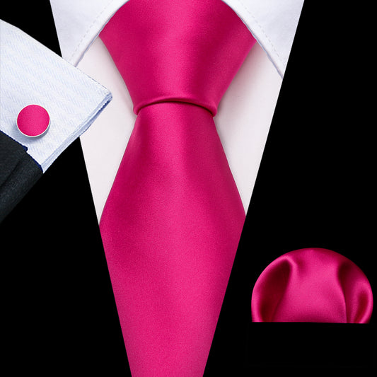Barry. Wang Barbie Pink Solid Silk Tie Handkerchief Cufflinks Set For Men