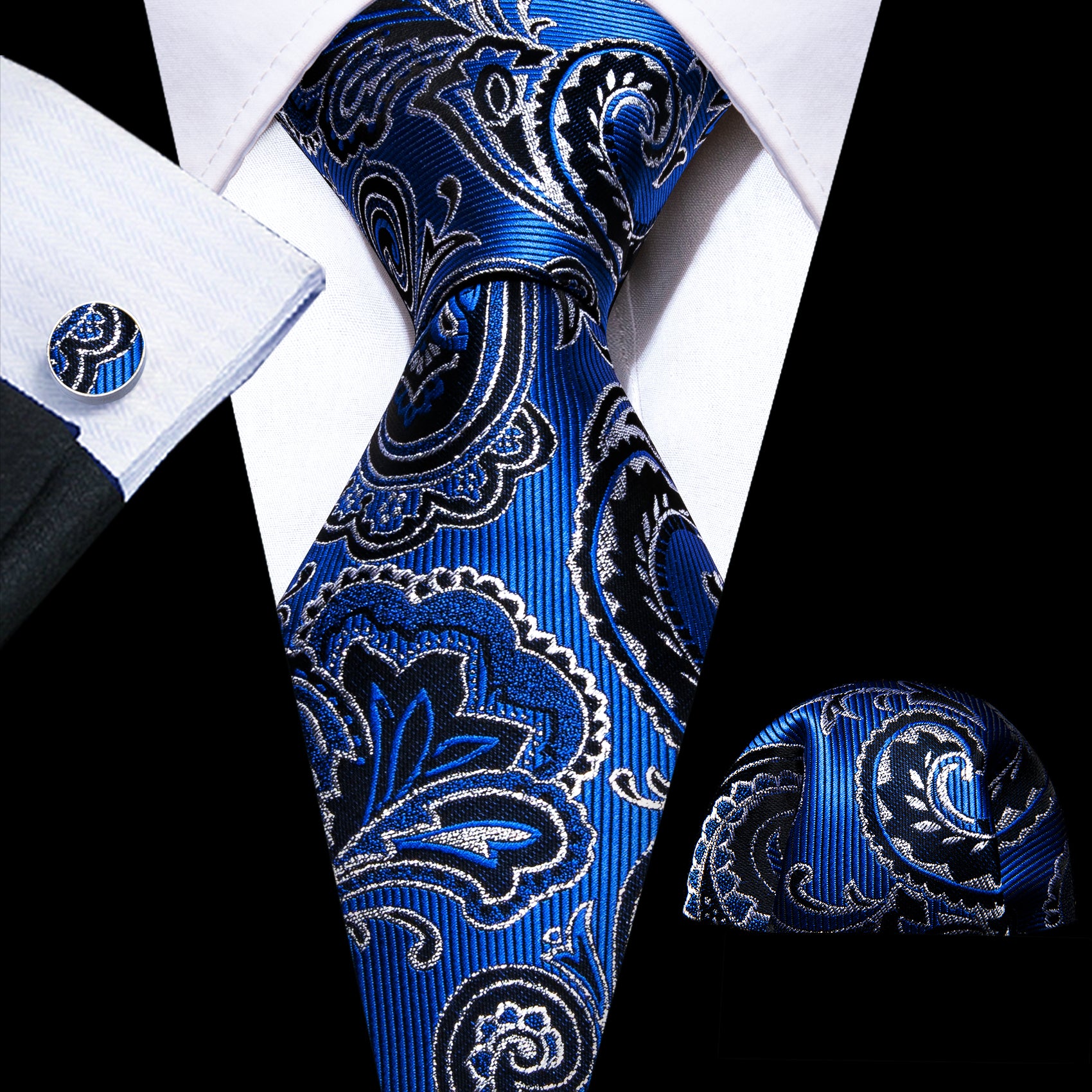 Bright Blue Silver Paisley Silk Tie Handkerchief Cufflinks Set
