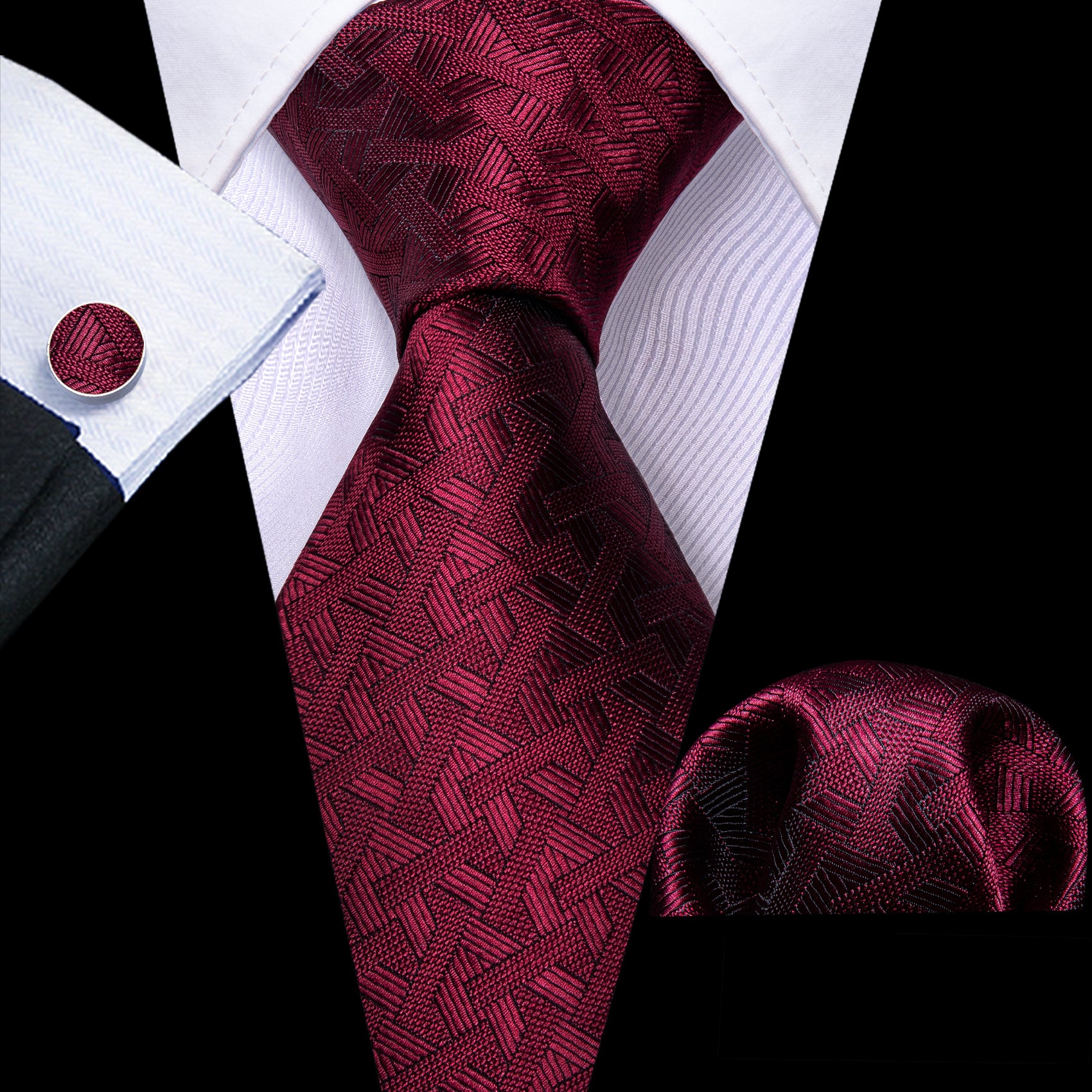 Red Tie Burgundy Geometry Tie Handkerchief Cufflinks