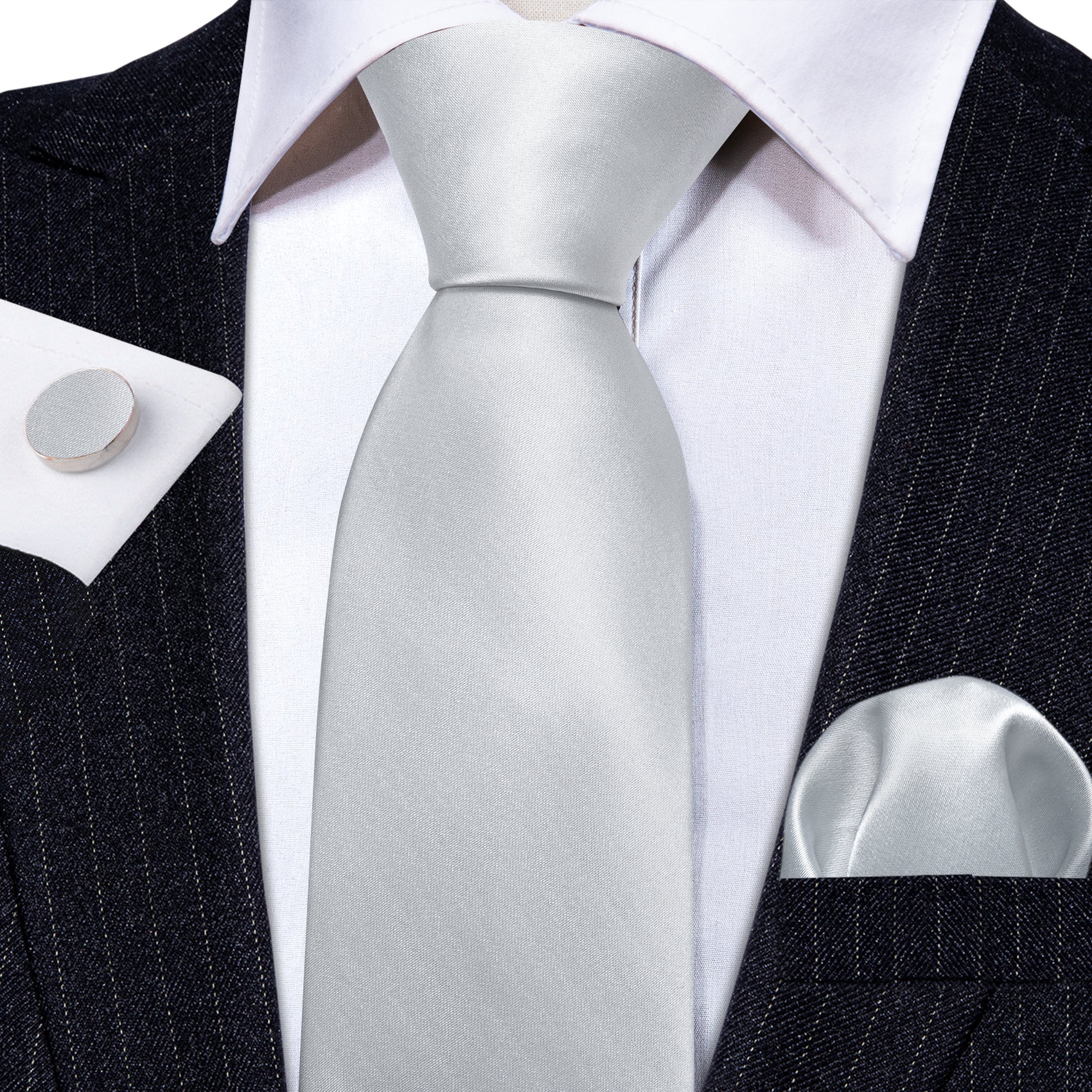 Silver White Solid Silk Tie Handkerchief Cufflinks Set