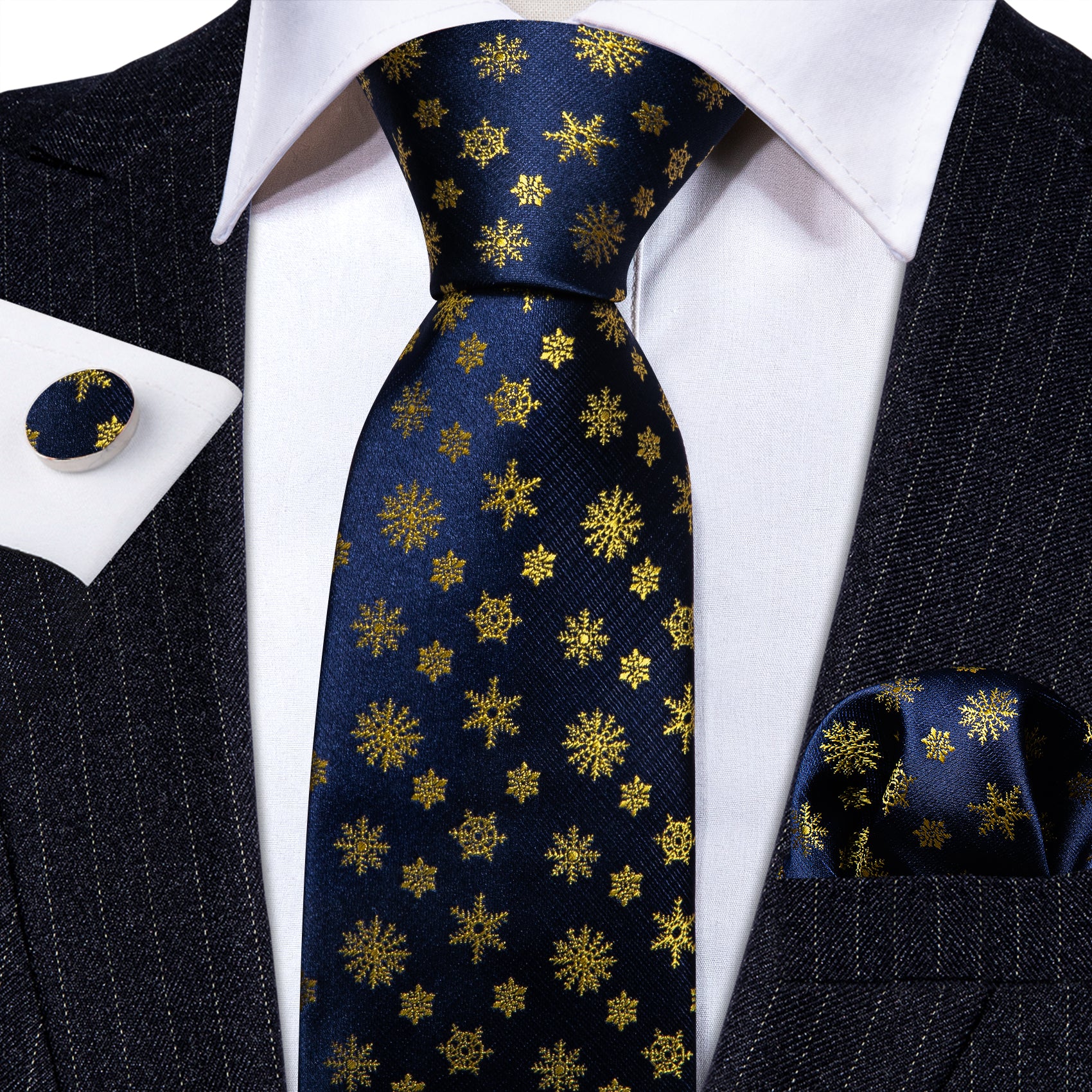 Black suit navy blue necktie and gold nowflake men's necktie set