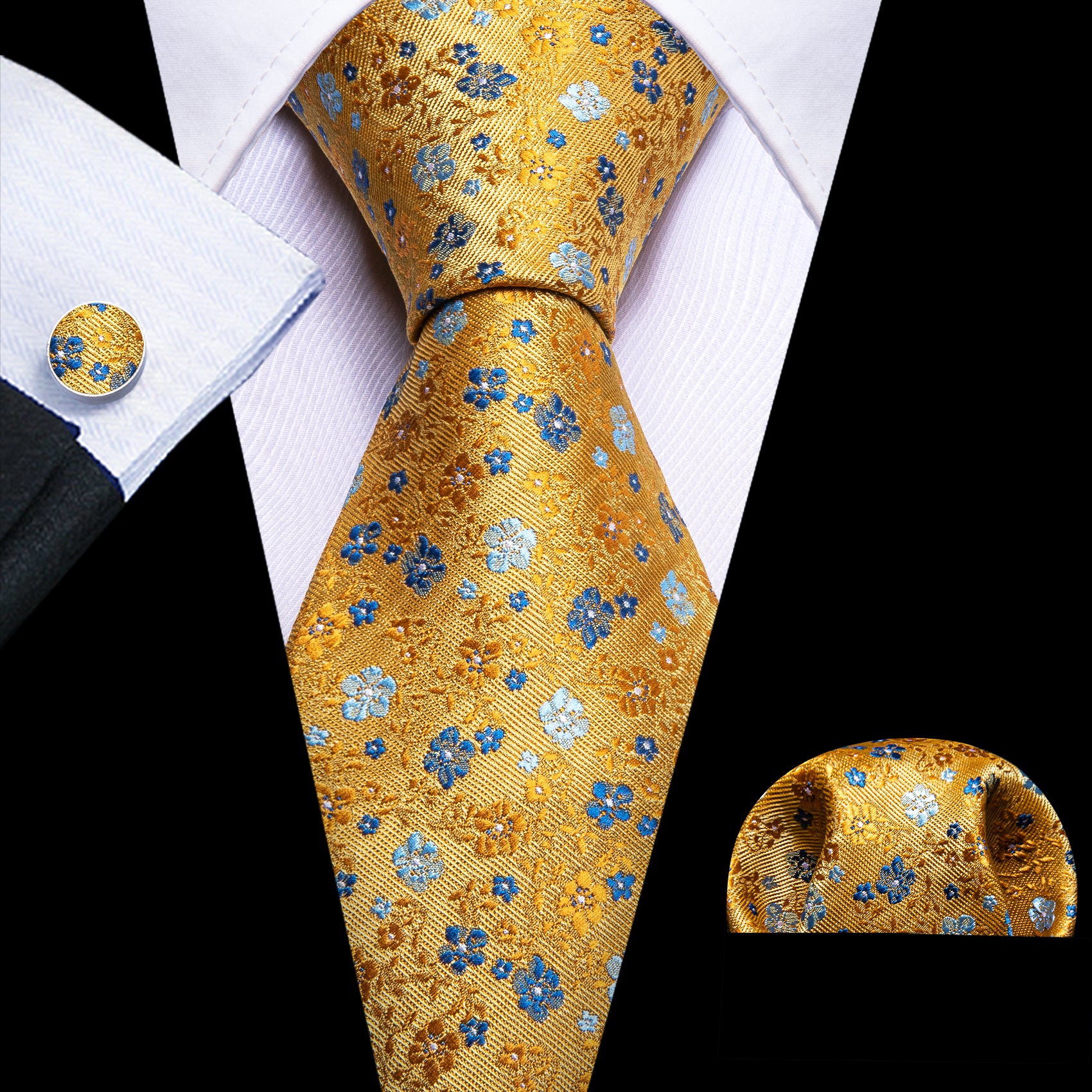 Barry. Wang Yellow Blue Flower Tie Handkerchief Cufflinks Set
