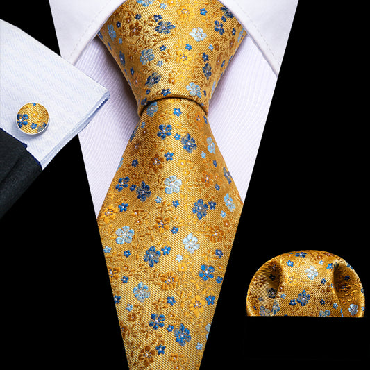Barry. Wang Yellow Blue Flower Tie Handkerchief Cufflinks Set