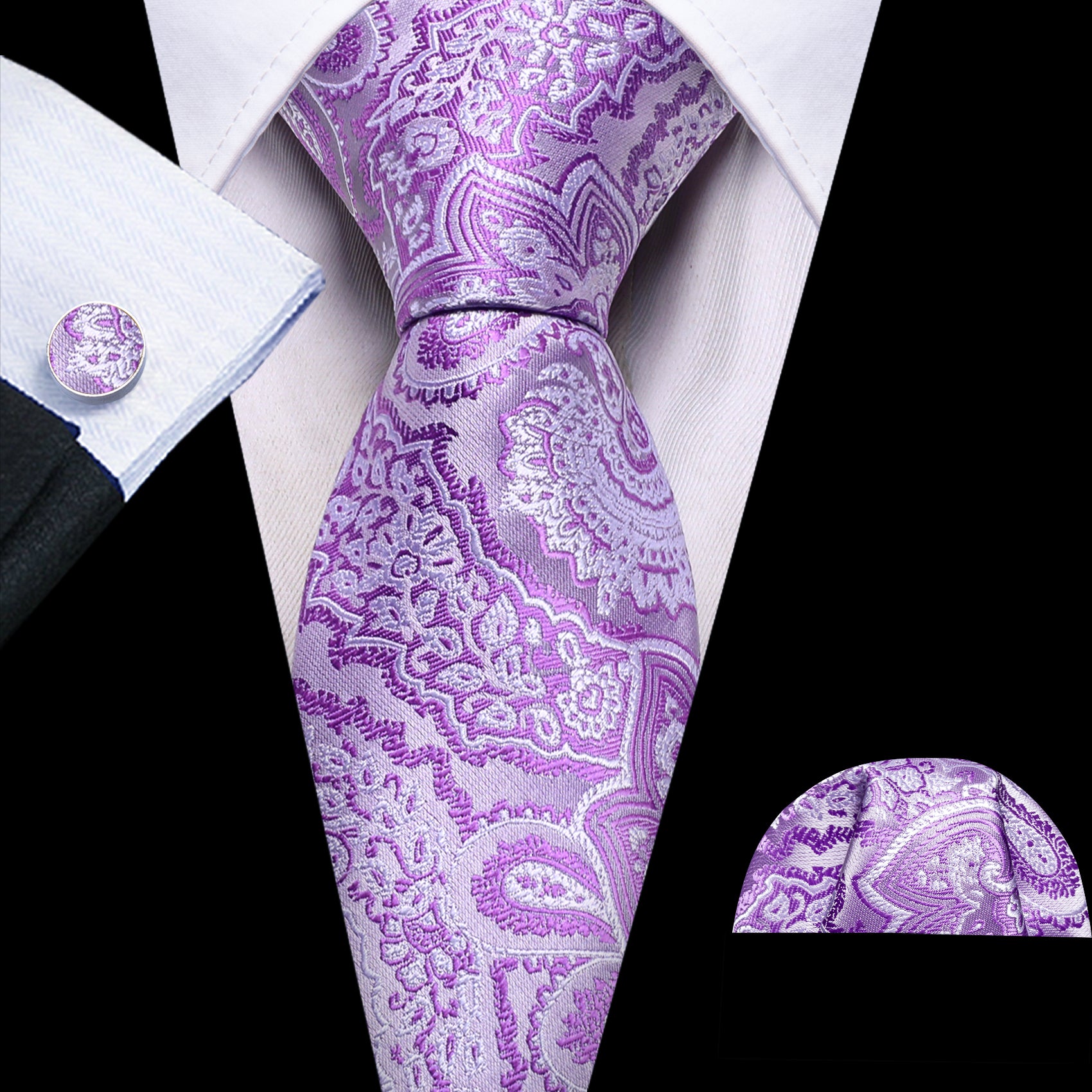 Barry. Wang Purple White Paisley Silk Tie Handkerchief Cufflinks Set