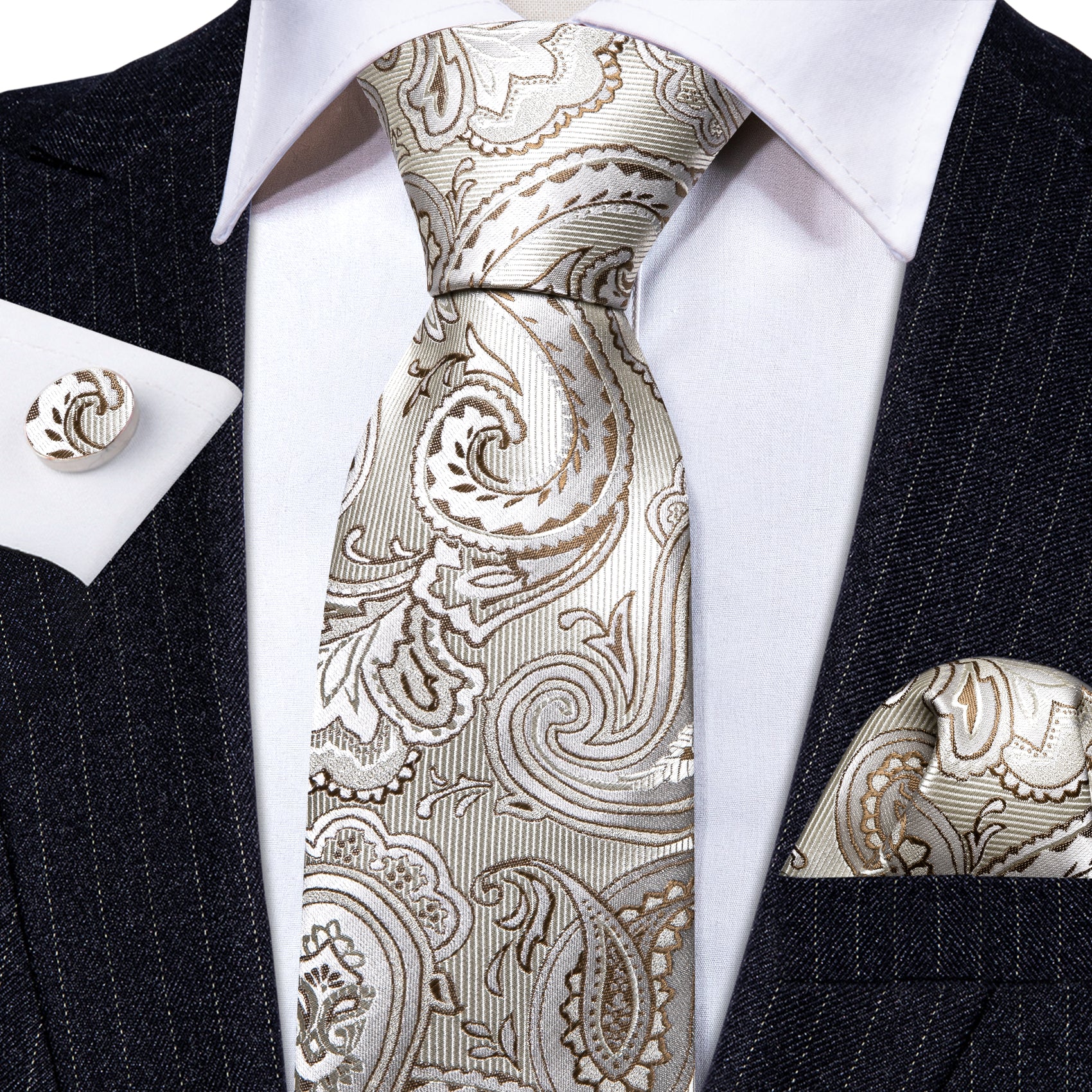 Silver White Paisley Silk Tie Handkerchief Cufflinks Set