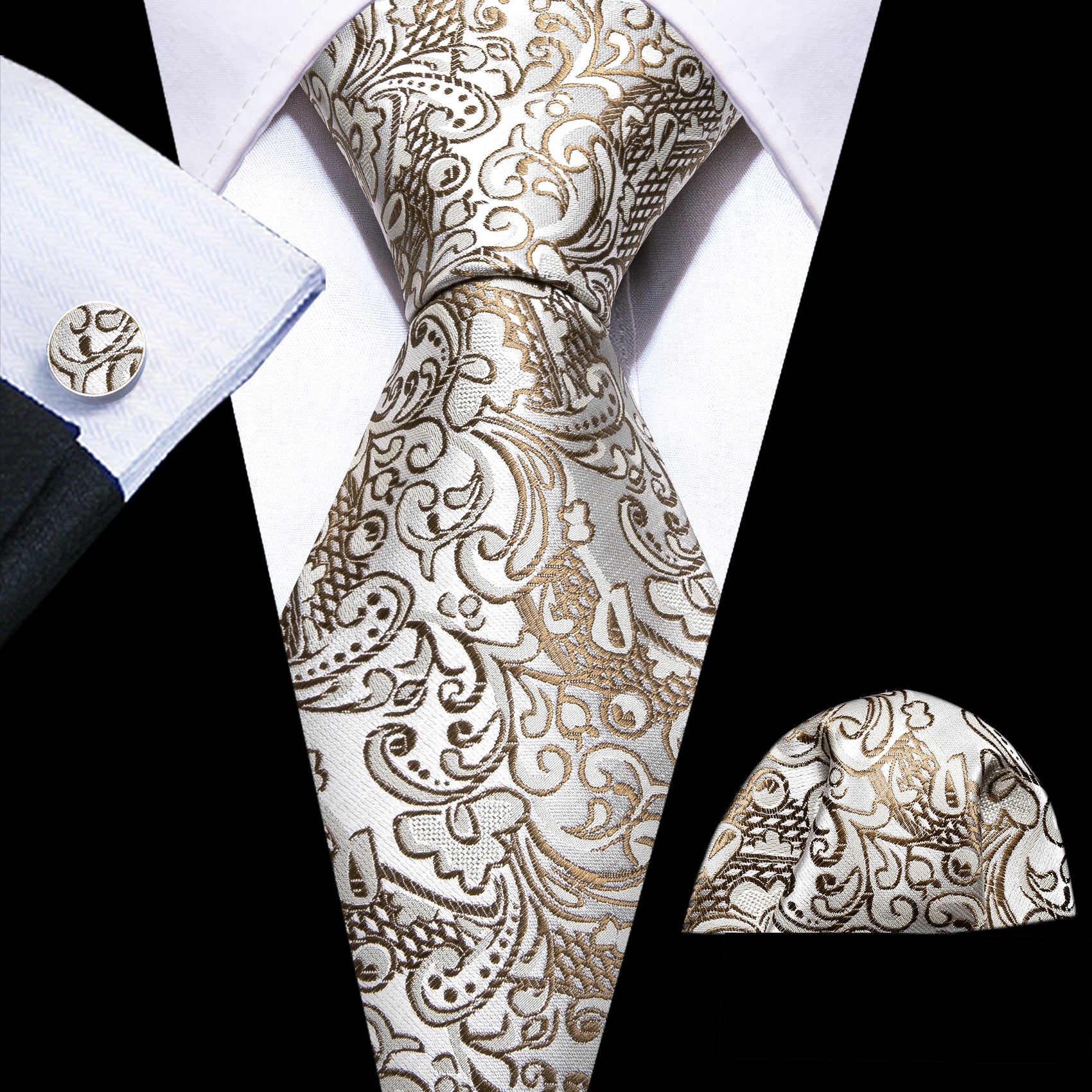 Gold White Paisley Silk Tie Handkerchief Cufflinks Set