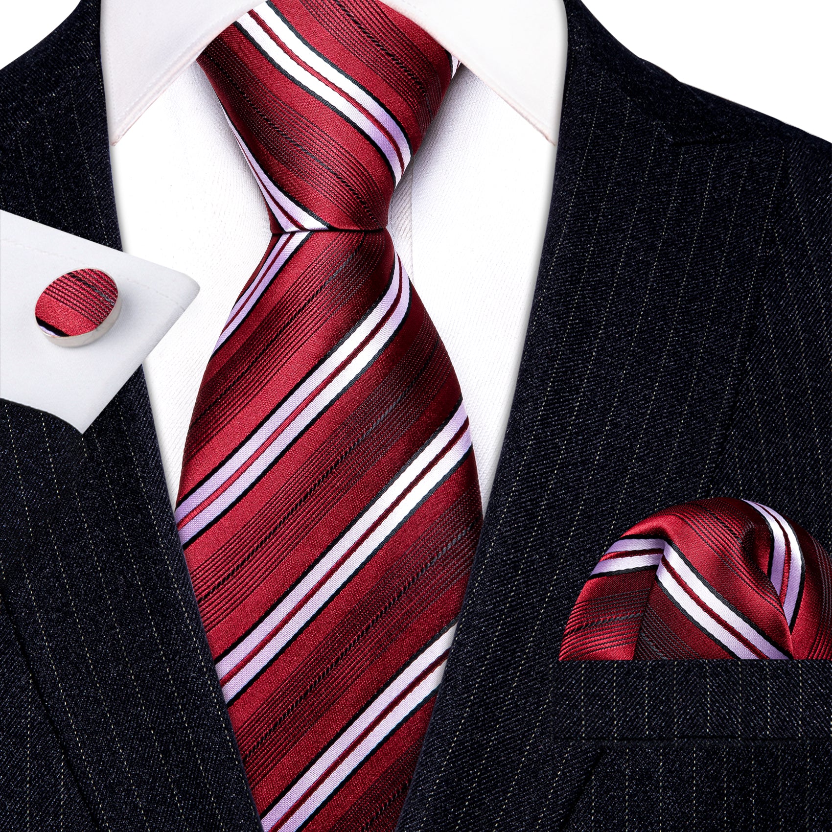 Red White Striped Silk Tie Handkerchief Cufflinks Set