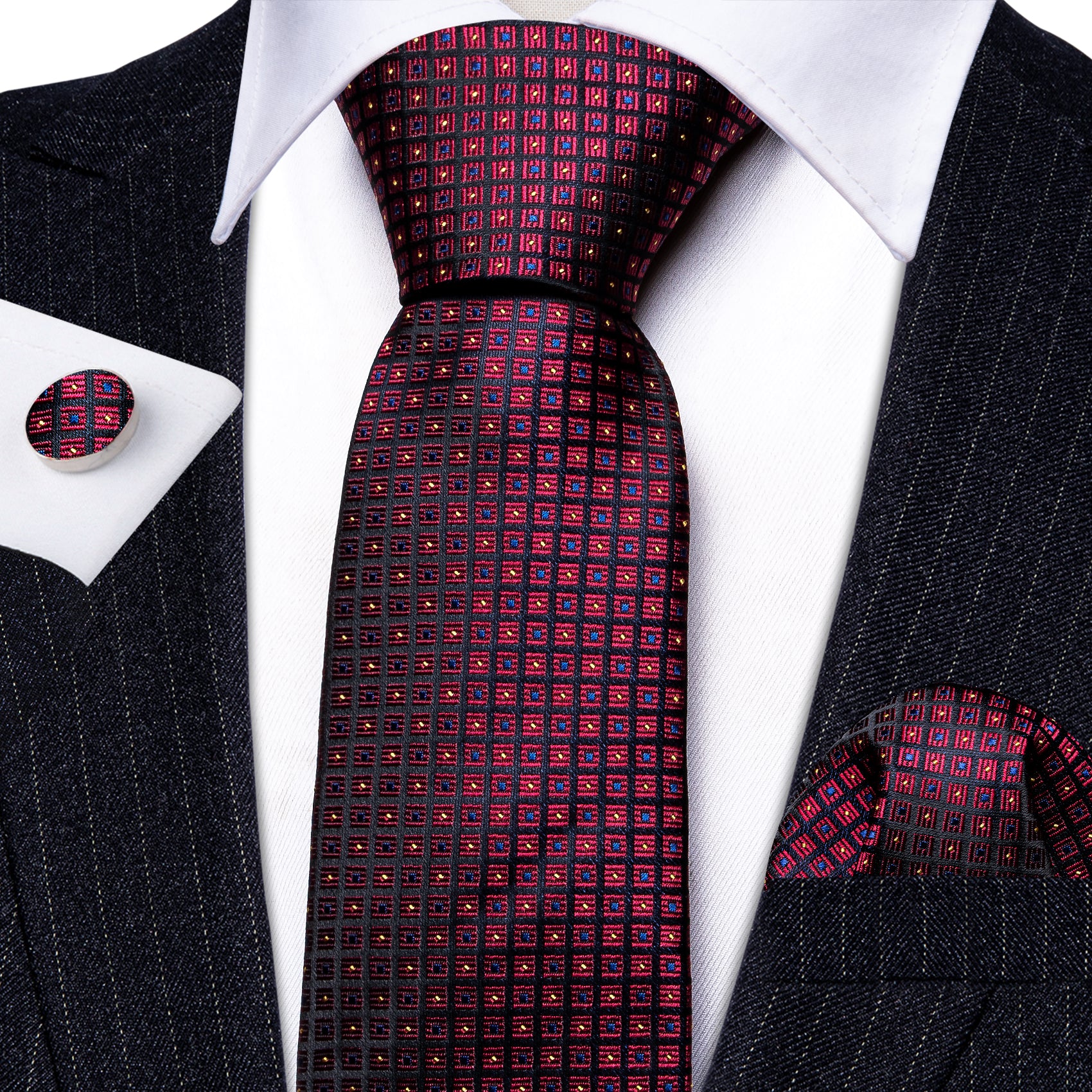 Burgundy Red Black Plaid Silk Tie Handkerchief Cufflinks Set