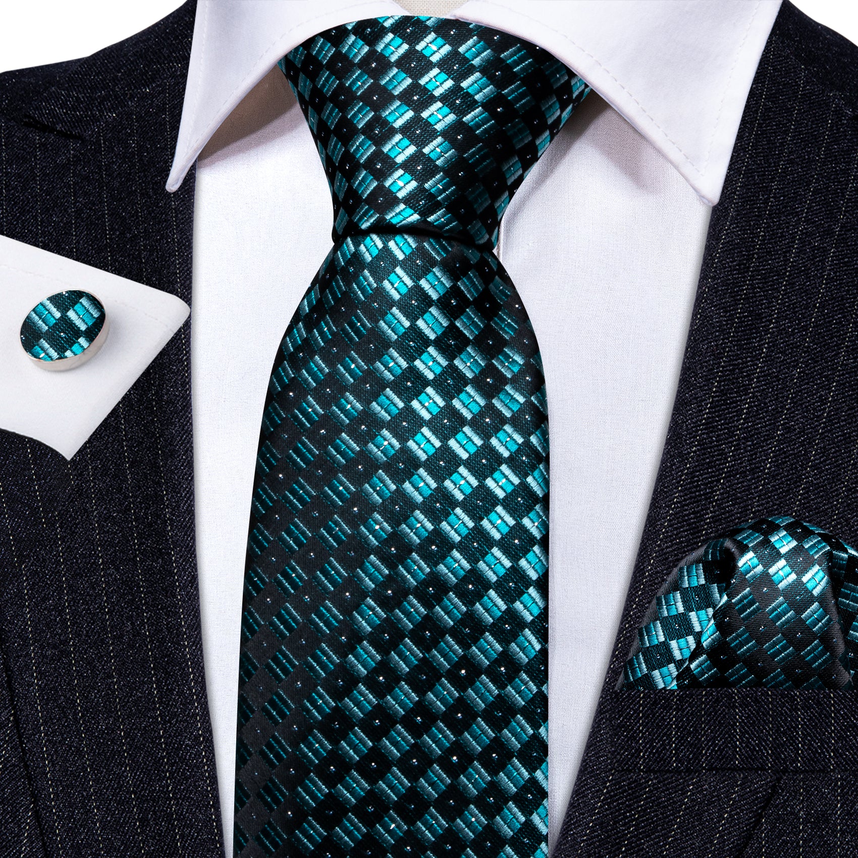 Black suit teal blue checkered plaid men's business necktie for wedding 