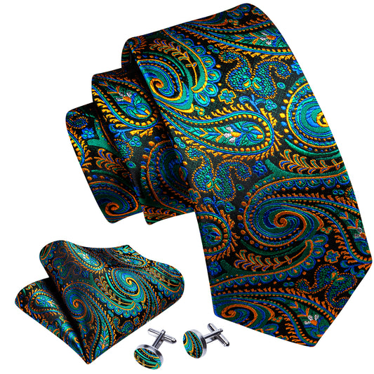 Barry Wang Green Yellow Paisley Silk Tie Handkerchief Cufflinks Set
