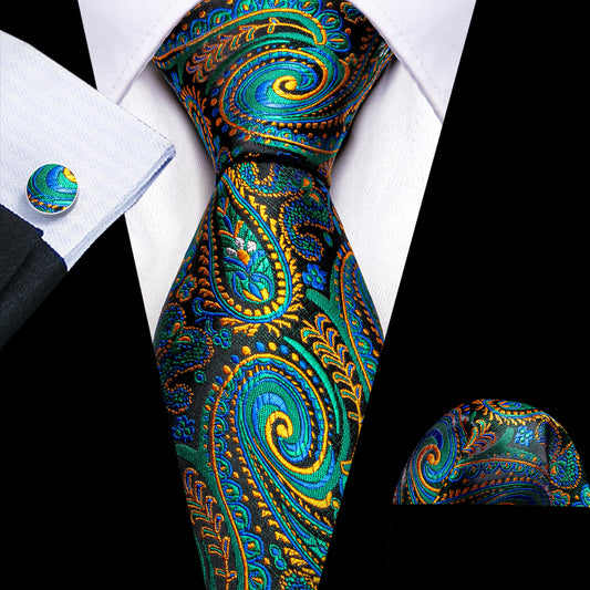 Barry Wang Green Yellow Paisley Silk Tie Handkerchief Cufflinks Set