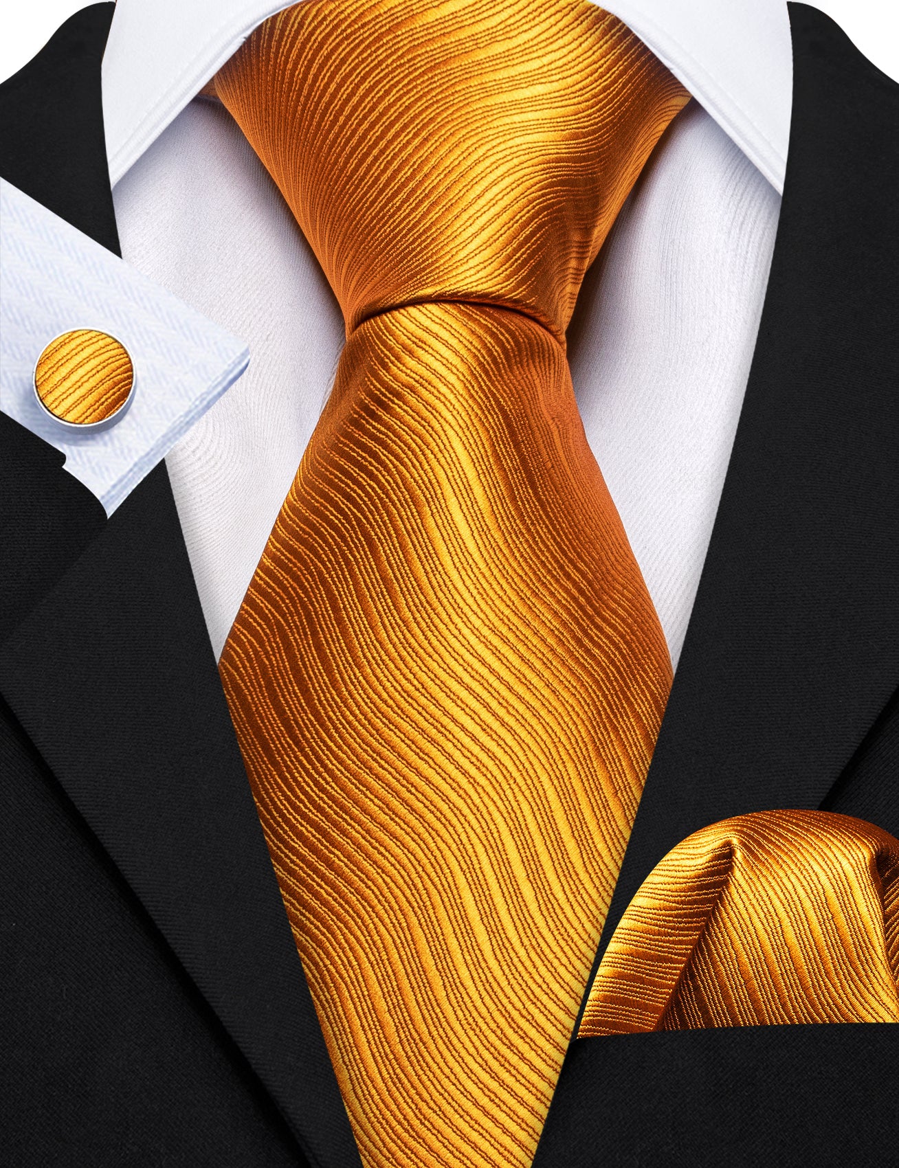 Bright Orange Solid Silk Tie Handkerchief Cufflinks Set