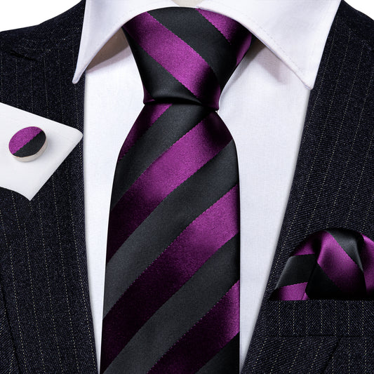 Barry. Wang Purple Black Striped Silk Tie Handkerchief Cufflinks Set