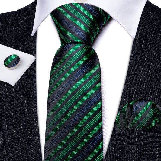 Black Tie Jacquard GreenBlue Stripes Tie Hanky Cufflink Set