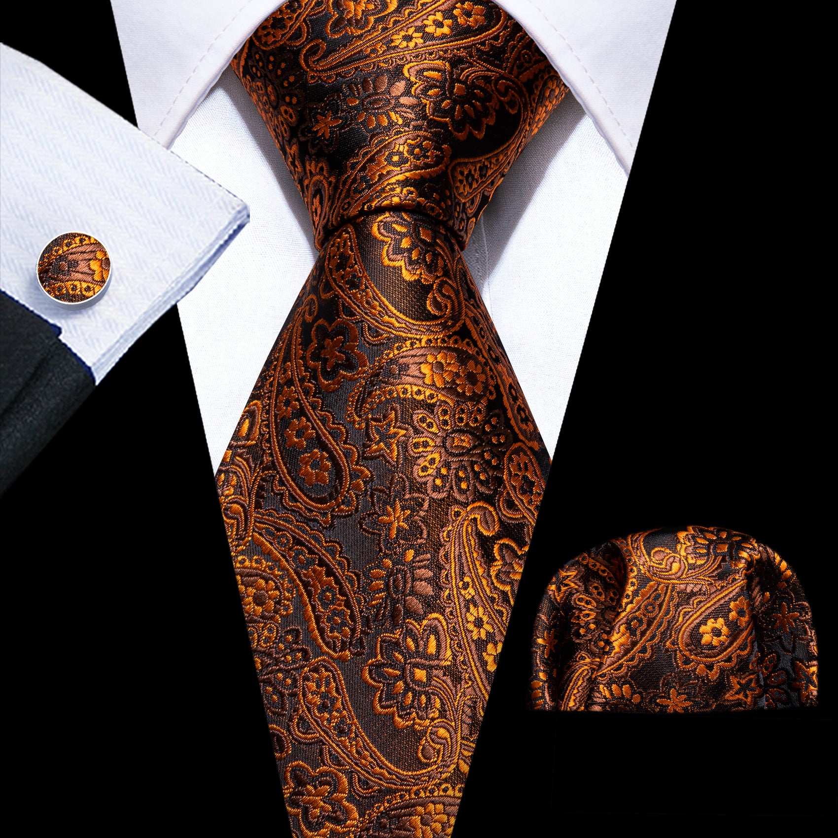 Gold Brown Paisley Silk Tie Handkerchief Cufflinks Set