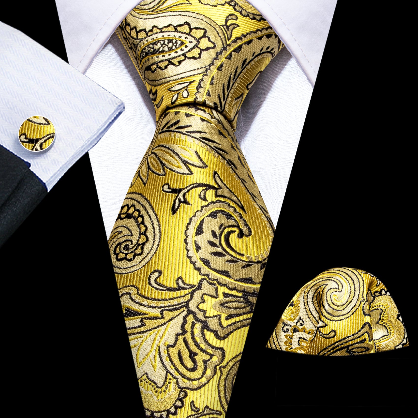 Neck Tie Yellow Black Silk Tie Pocket Square Cufflinks Set
