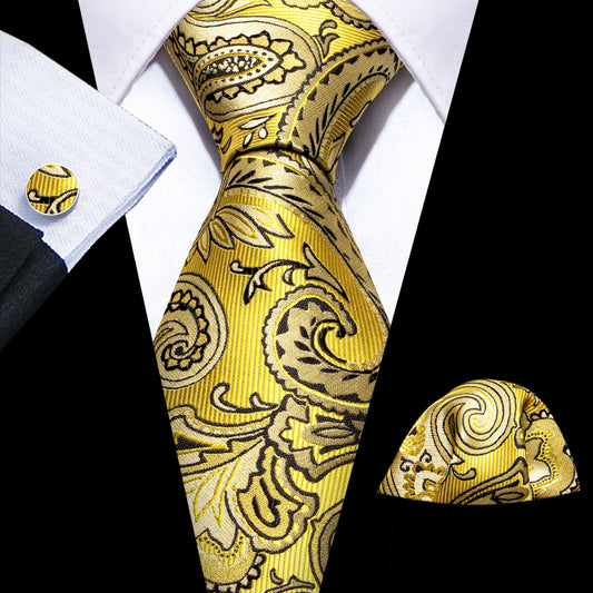Neck Tie Yellow Black Silk Tie Pocket Square Cufflinks Set