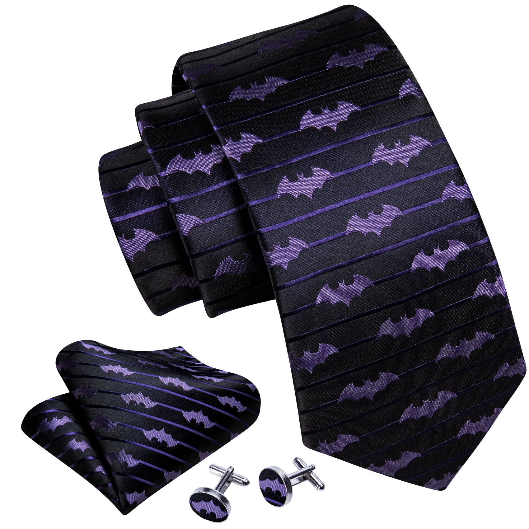 black tie purple bat with pocket square and cufflinks 