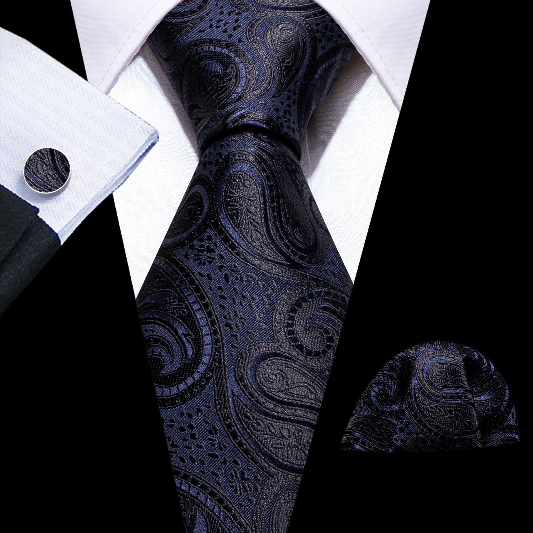 Black  navy blue paisly mens necktie 