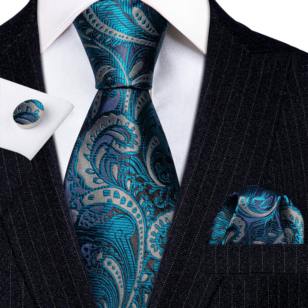 Blue Silver Paisley Silk Tie Handkerchief Cufflinks Set BarryWang