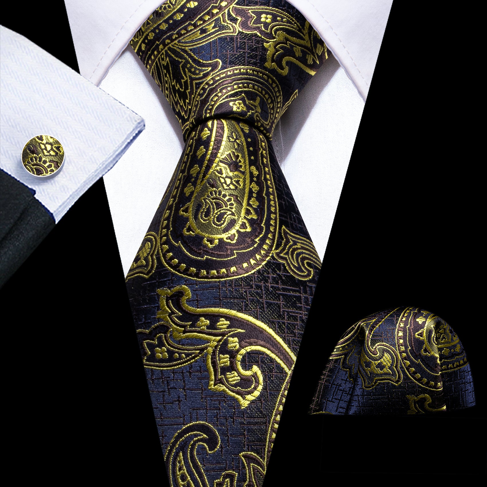 Golden Floral Silk Tie Handkerchief Cufflinks Set