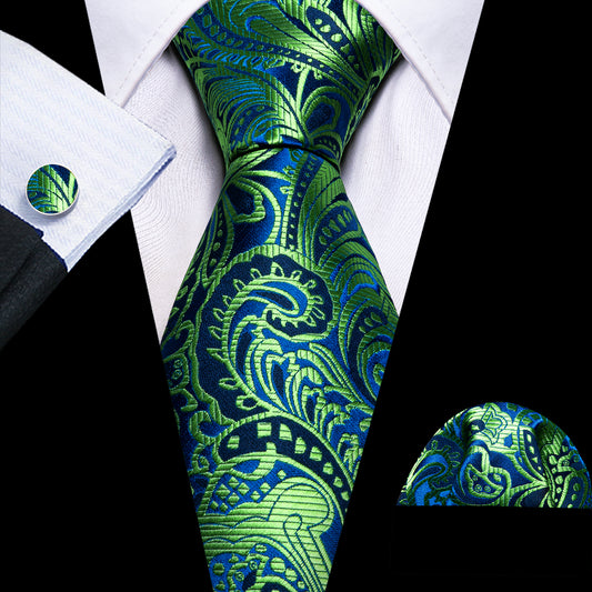 Green Tie Blue Yellowgreen Paisley Silk Tie Pocket Square Cufflinks Set