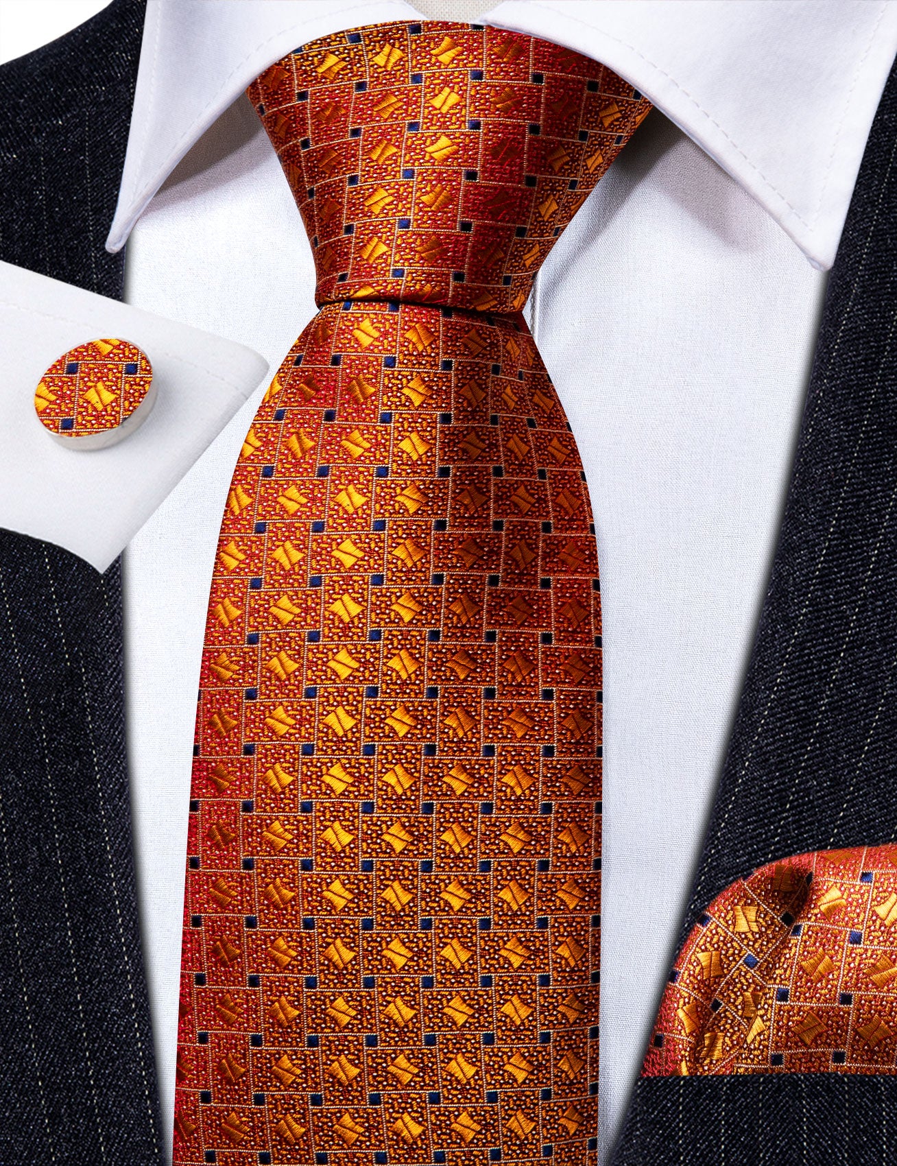 Barry.wang Orange Tie Novelty Blue Plaid Silk Tie Pocket Square Cufflinks Set