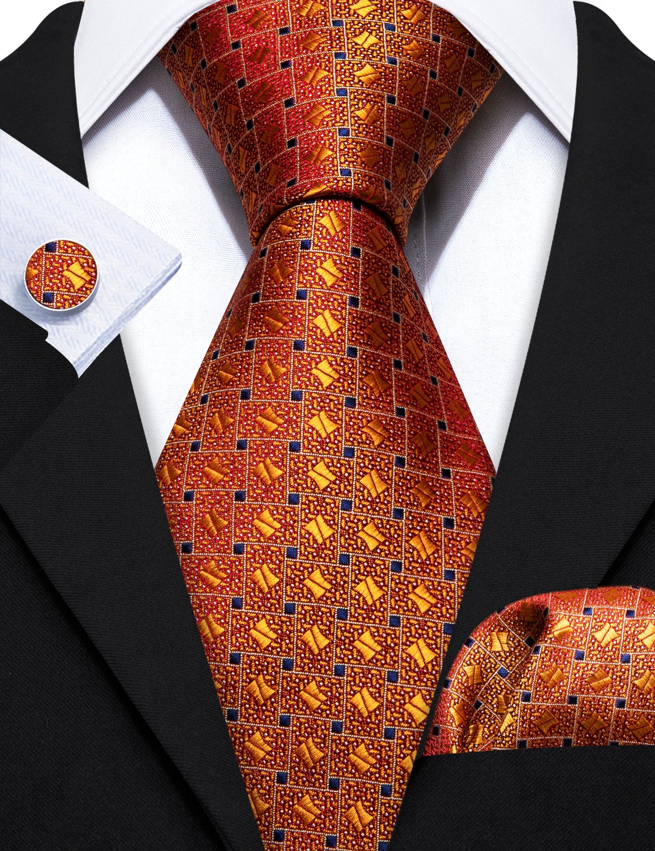 Barry.wang Orange Tie Novelty Blue Plaid Silk Tie Pocket Square Cufflinks Set