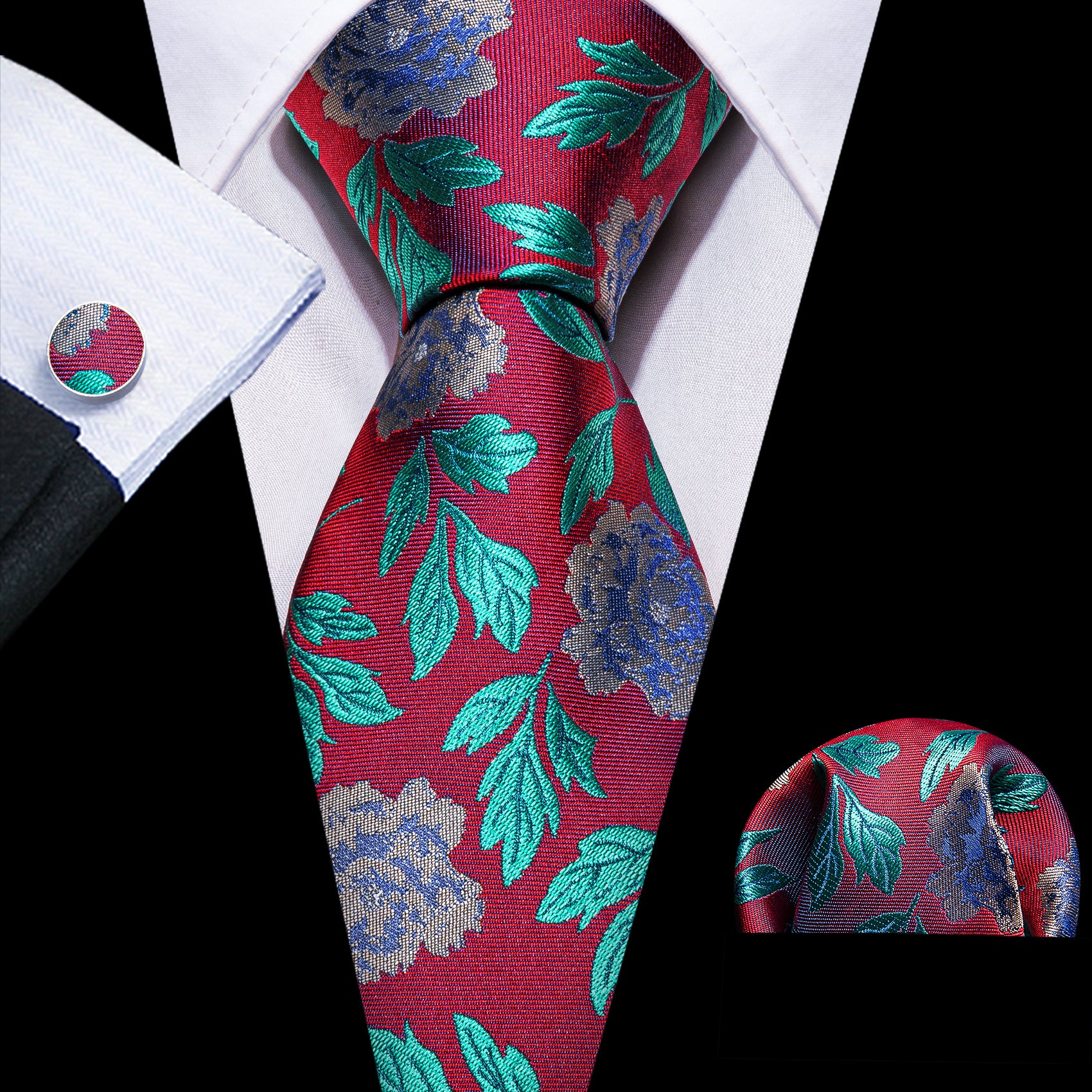 Barry. Wang Red Teal Blue Flower Silk Tie Hanky Cufflinks Set