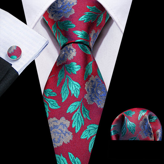 Barry. Wang Red Teal Blue Flower Silk Tie Hanky Cufflinks Set