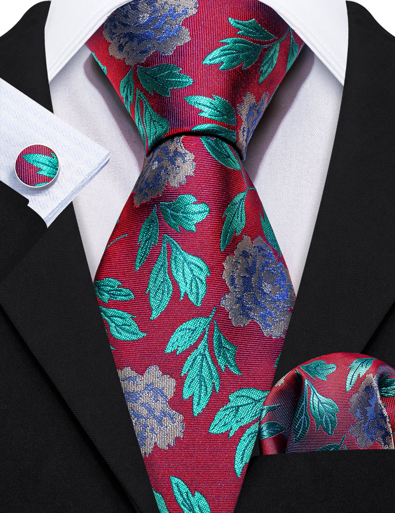 Barry. Wang Red Teal Blue Flower Silk Tie Hanky Cufflinks Set