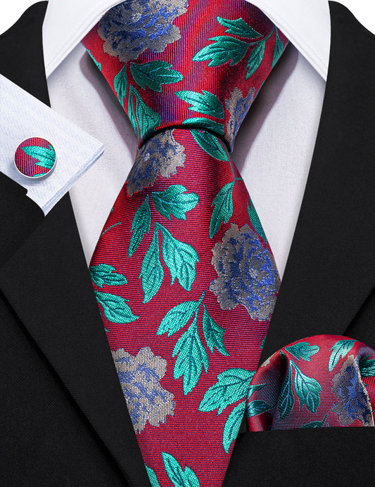 Barry. Wang Red Teal Blue Flower Silk Tie Hanky Cufflinks Set