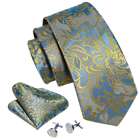 Barry. Wang Gold Blue Flower Silk Tie Hanky Cufflinks Set