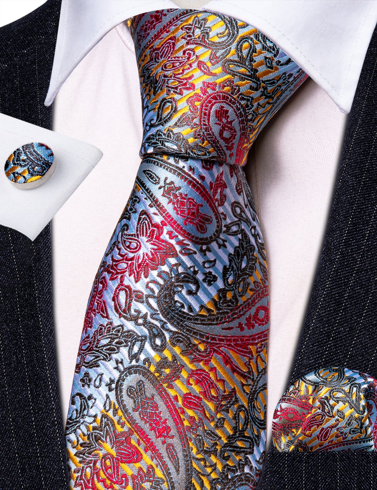 Bright Colorful Paisley Silk Tie Hanky Cufflinks Set