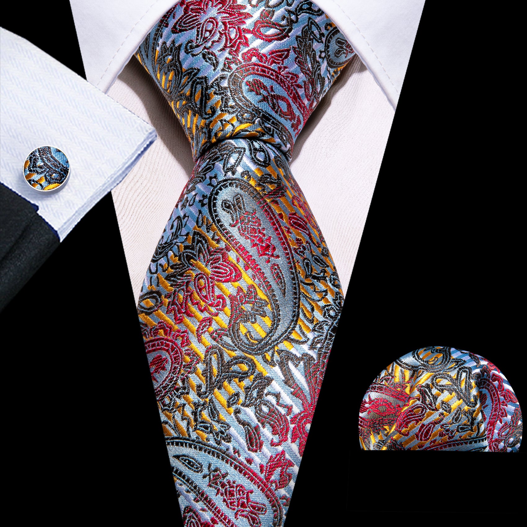Bright Colorful Paisley Silk Tie Hanky Cufflinks Set