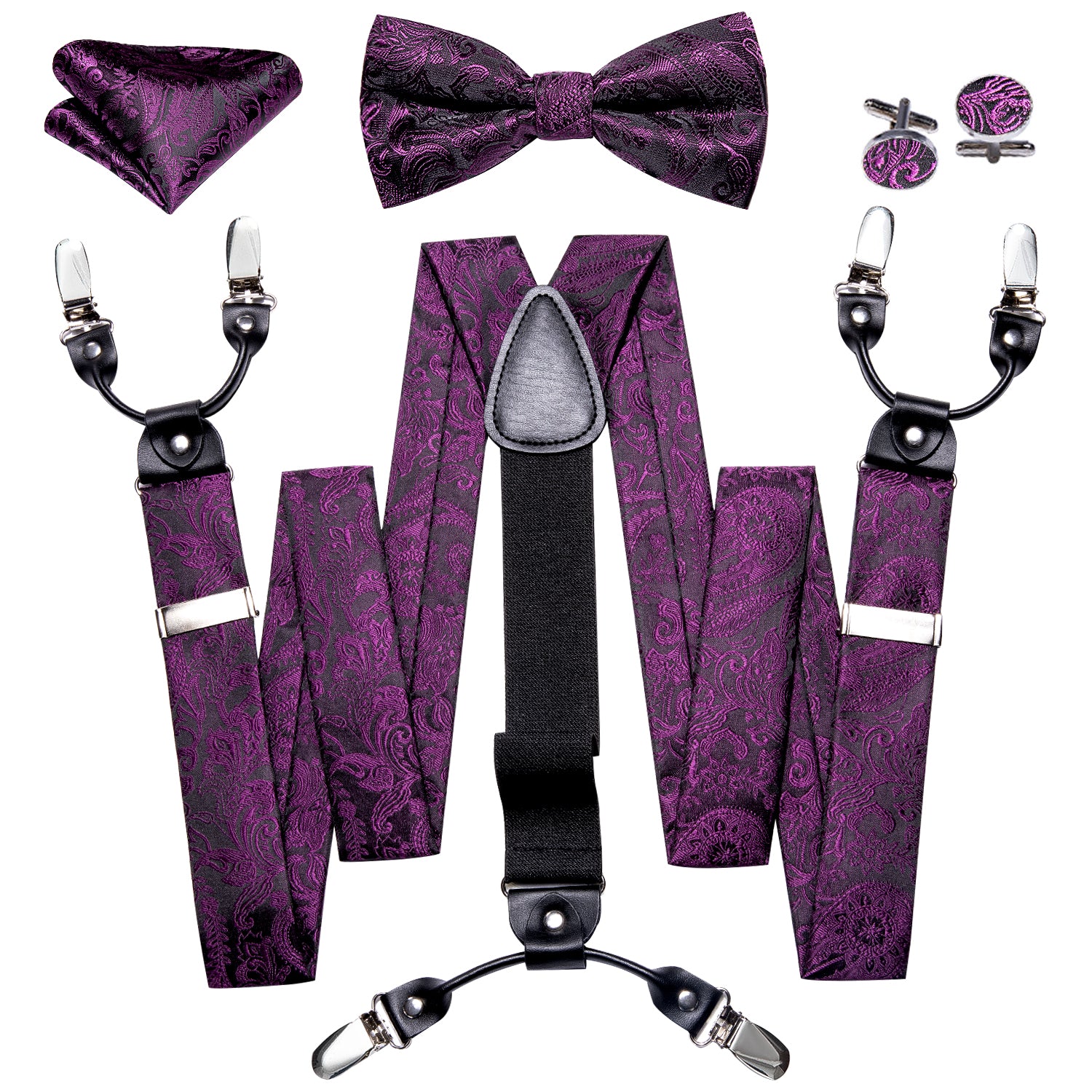 Purple Black Paisley Y Back Adjustable Bow Tie Suspenders Set