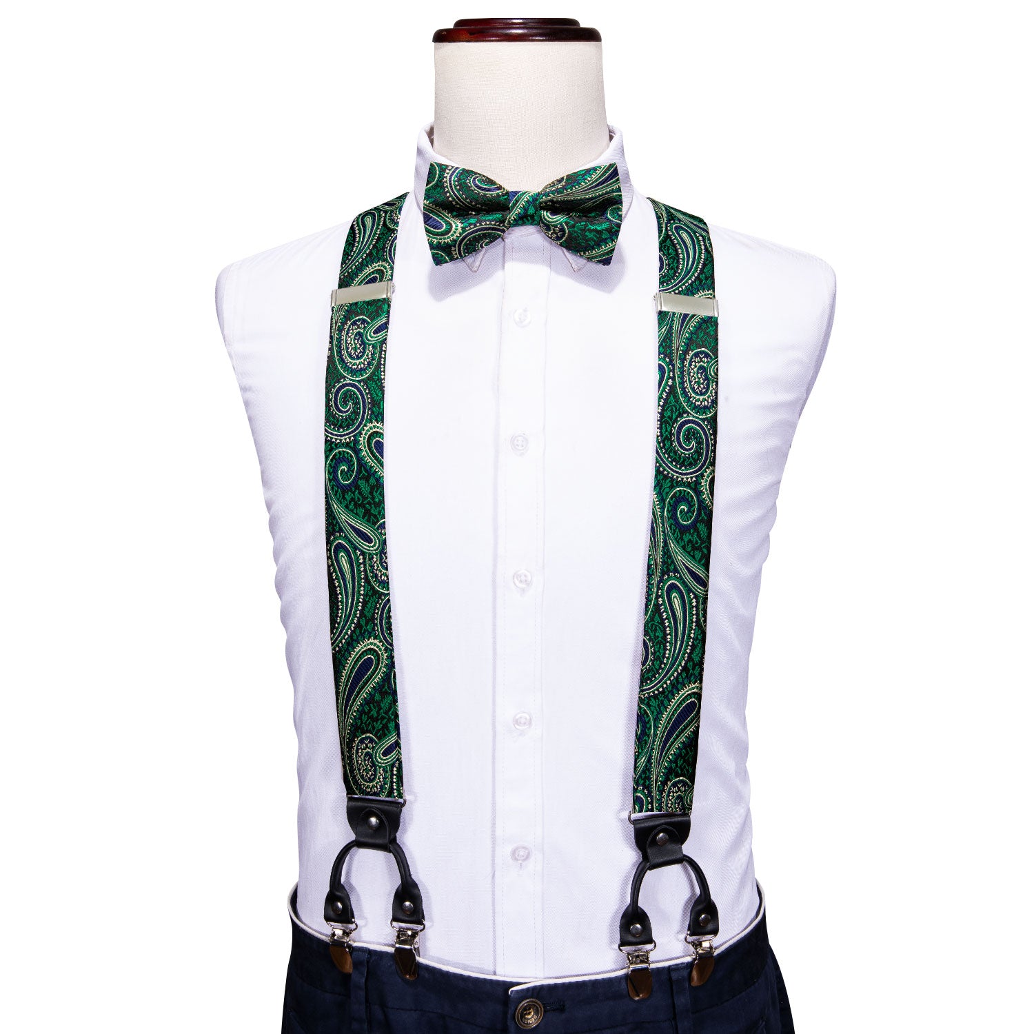 Green Tie Paisley Y Back Adjustable Bow Tie Suspenders