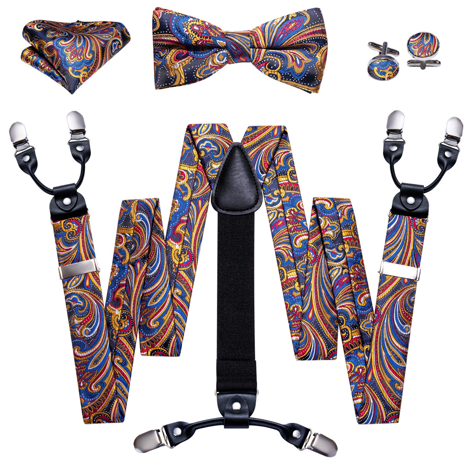 Blue Yellow Paisley Y Back Adjustable Bow Tie Suspenders Set