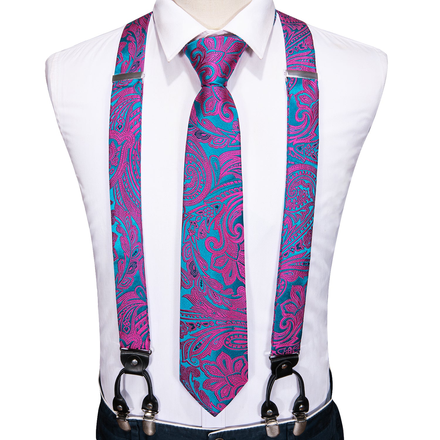 Purple Blue Paisley Y Back Adjustable Suspenders Tie Set