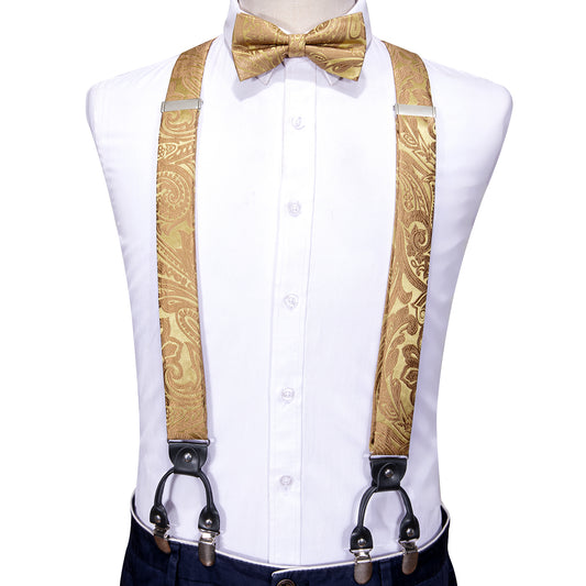 Barry. Wang Golden Paisley Y Back Adjustable Bow Tie Suspenders Set
