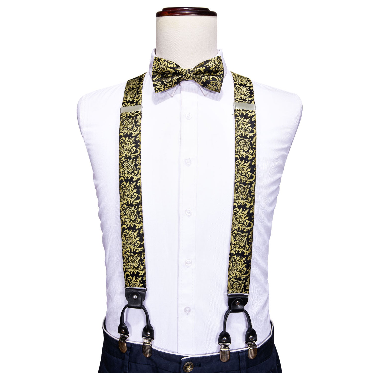 Black Tie Golden Floral Y Back Adjustable Bow Tie Suspenders