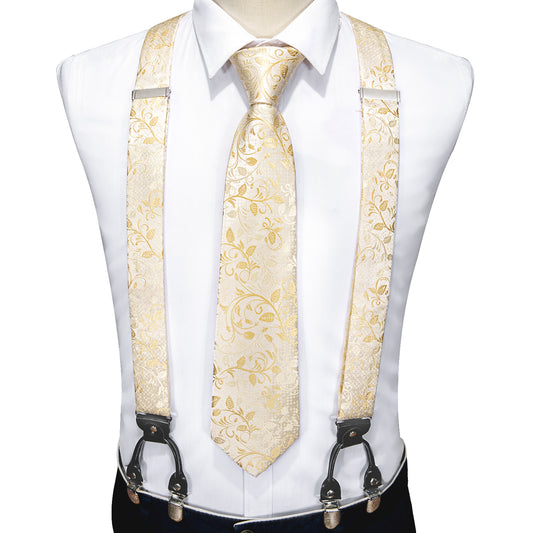 Yellow Floral Y Back Adjustable Men's Suspenders Tie Set