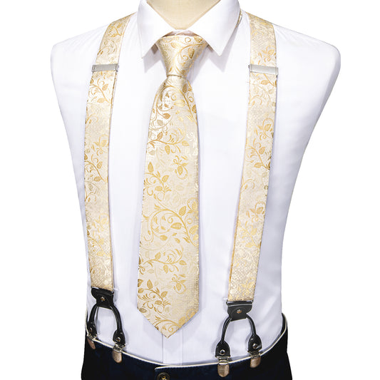 Yellow Floral Y Back Adjustable Men's Suspenders Tie Set